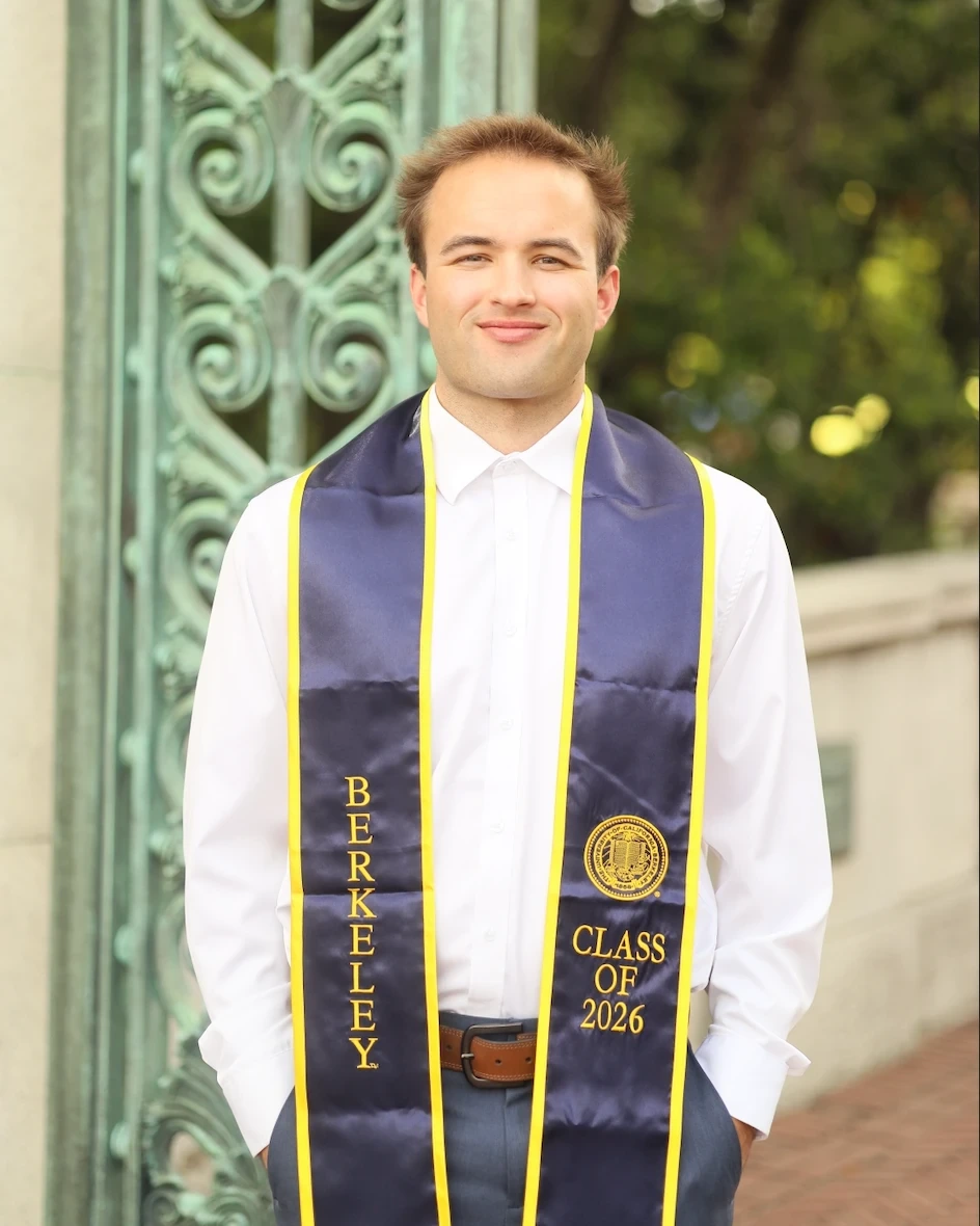 Me in my Berkeley Class of 2026 stole on the UC Berkeley campus